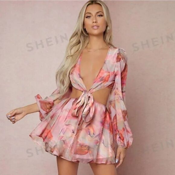 SHEIN Dresses & Skirts - Lantern Sleeve Knot Cutout Waist Chiffon Romper Sexy Floral Dress Pink  XS